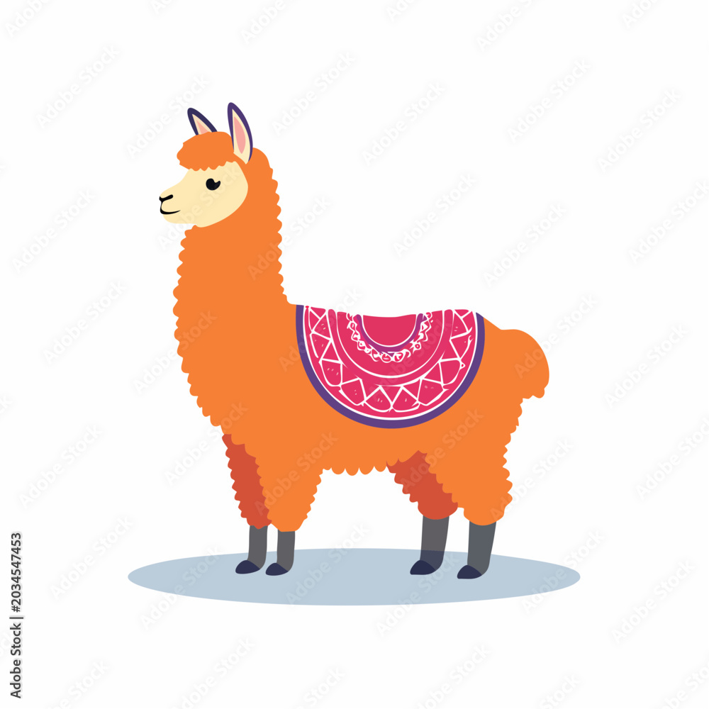 Naklejka premium Cute Orange Llama with Decorative Blanket