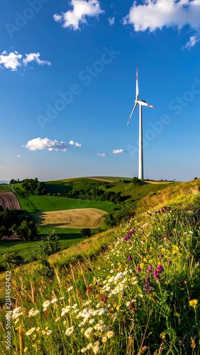 Tall White Wind Turbine Standing on Green Hillside Under Bright Blue Sky