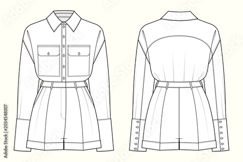 Slika na platnu Women's Utility Chic Belted Shirt Jumpsuit Flat Sketch CAD Outline