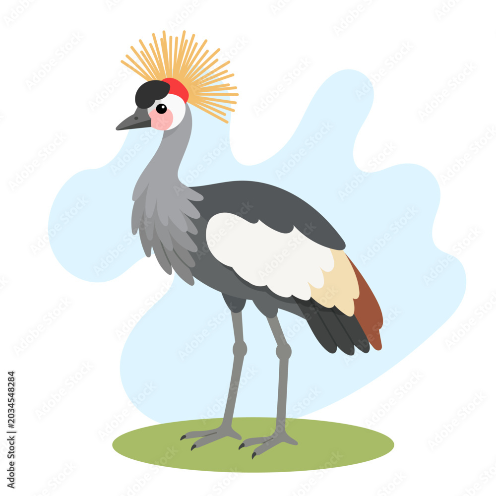 Naklejka premium Grey crowned crane illustration featuring Balearica regulorum standing elegantly, grey crowned crane vector art highlighting Balearica regulorum.
