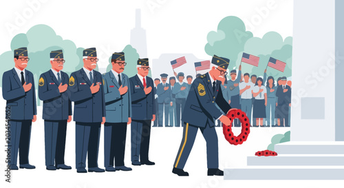 Canvas Print Veterans Laying Wreath at Monument, Memorial Day Ceremony, American Flags