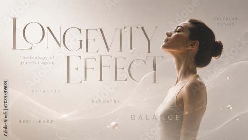 Woman with glowing skin representing longevity effect and biological youth. Concept of wellness, beauty, and cellular regeneration