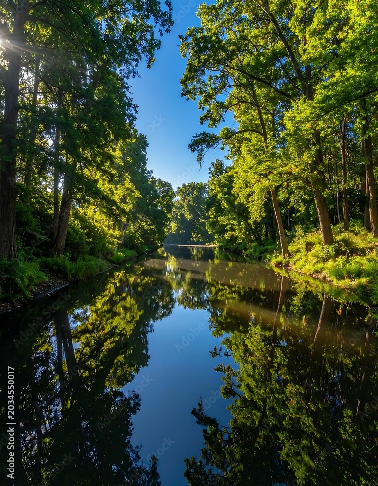 Fototapeta premium Lush Green Forest Reflecting on Calm River Under Bright Blue Sky