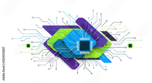 Abstract futuristic circuit board with CPU at center, technology concept