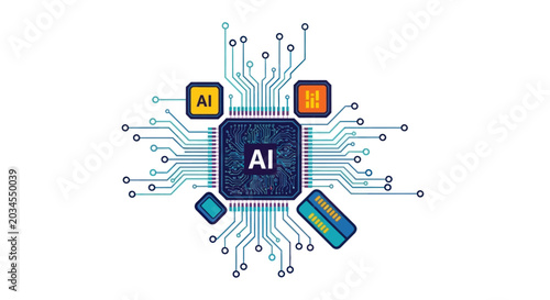 Tableau sur toile AI Chip Technology: Central Processor with Circuits and Data Flow