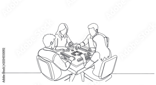 Friends playing Mahjong game at table, line art illustration