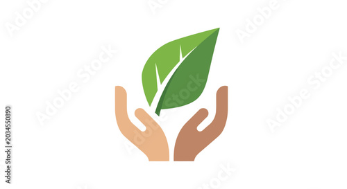 Hands holding a green leaf, symbol of nature, growth, and environmental care