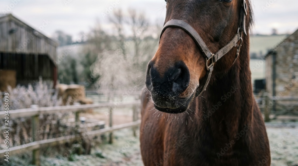 Fototapeta premium Close up of a horse muzzle exhaling breath in cold winter weather on a farm. Animal standing in a paddock with frost. Equine portrait in nature for equestrian lifestyle and rural winter, copy space