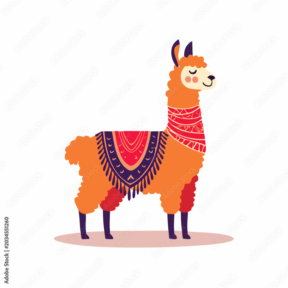 Naklejka premium Cute Cartoon Llama with Colorful Blanket