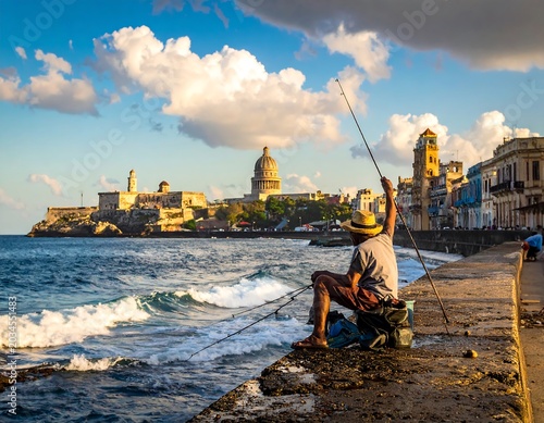 Solitary Fisherman Casting Line Along Seaside Promenade with Historic City Skyline