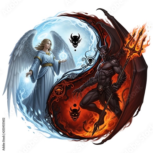 Yin and Yang Concept with Angel and Demon Imagery.