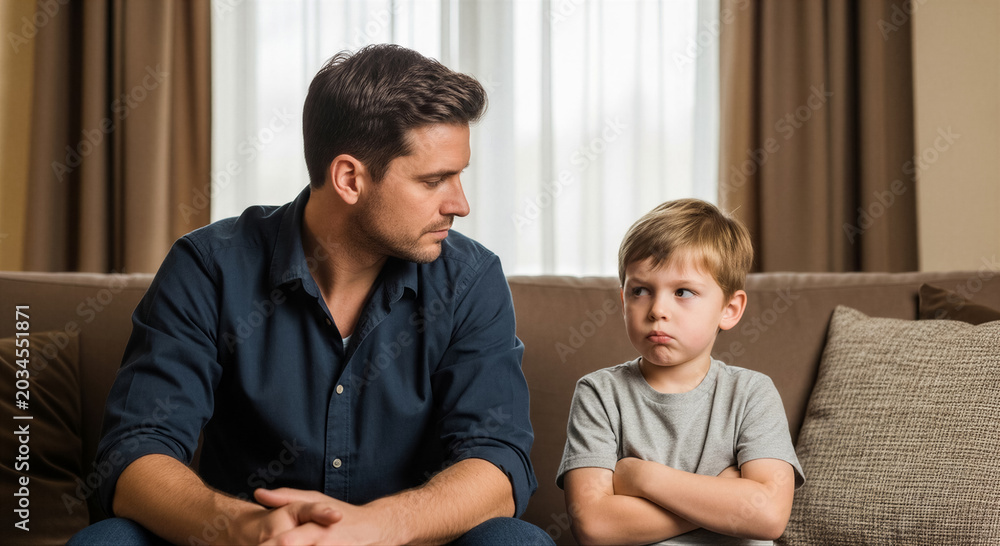 Obraz premium Father and son sitting on a sofa, having a serious conversation, the boy looks upset and has his arms crossed