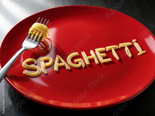 Creative word spaghetti spelled with dry pasta noodles on red ceramic plate with silver fork on white background