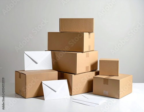 Stacked Cardboard Shipping Boxes with White Envelopes on Minimal Studio Table