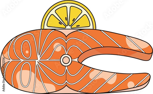Fresh Salmon Steak with Lemon Slice Isolated Vector Icon on Transparent Background.