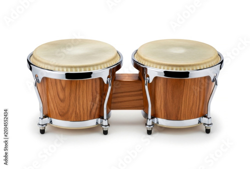 Traditional Cuban Latin percussion double bongo drums isolated on white background for ethnic rhythm music
