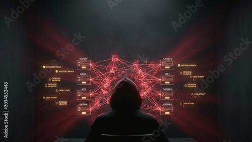 Hooded silhouette before radiant glowing credential stuffing platform grid with sparkling successful breach alerts cyber visualization Perfect for advertising presentation background cybersecurity