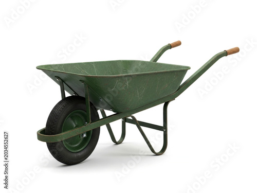 Heavy duty green metal garden wheelbarrow cart isolated on white background for agricultural and backyard work
