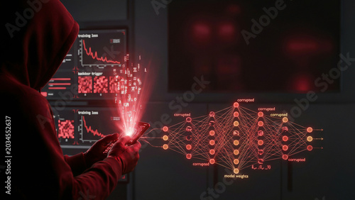 Red hooded silhouette holding glowing smartphone projecting radiant corrupted neural network with sparkling backdoor trigger alert Perfect for advertising presentation background cybersecurity