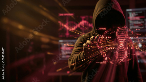 Hooded silhouette with hand gesture before glowing radiant DNA helix and sparkling biotech data hologram cyber innovation scene Perfect for advertising presentation background cybersecurity