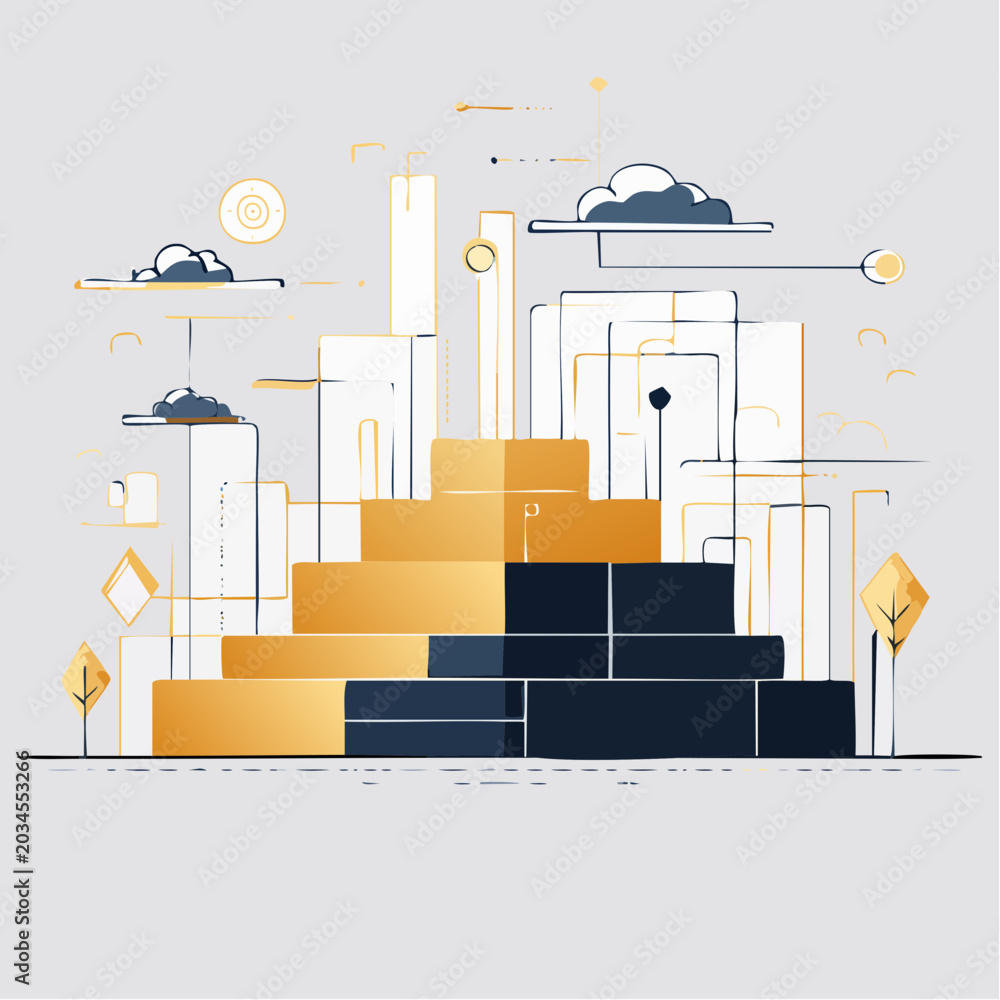Naklejka premium Abstract Geometric Cityscape with Golden and Blue Tones