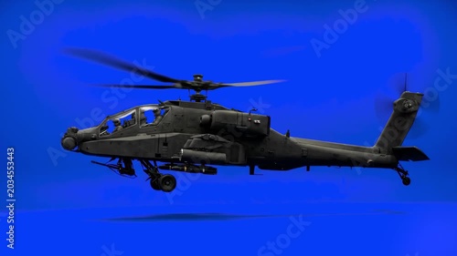 A dark grey military attack helicopter flying forward with spinning main and tail rotors. This realistic 3D combat aircraft asset is isolated on a chroma key backdrop for action movies and warfare sim