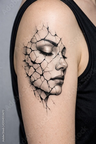 A hyper-realistic black and grey portrait tattoo on the upper arm depicting a woman's face with artistic, cracked-porcelain textures