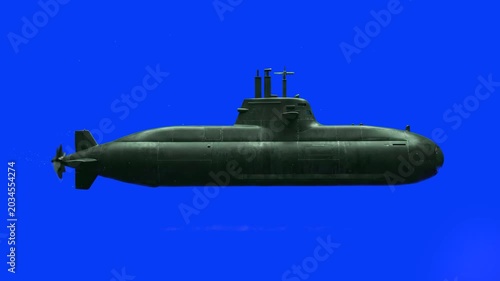 A detailed military submarine moves horizontally across a vibrant blue background. This isolated 3D model is perfect for maritime defense, naval warfare, and military technology presentations.