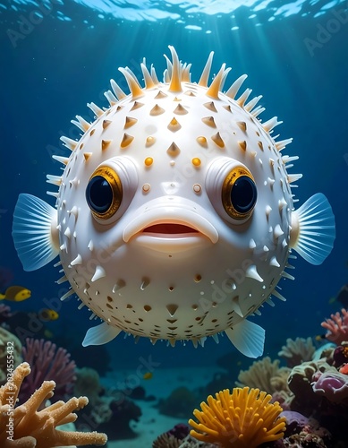 Spiky White Pufferfish Floating Under Sunbeams in Clear Blue Ocean
