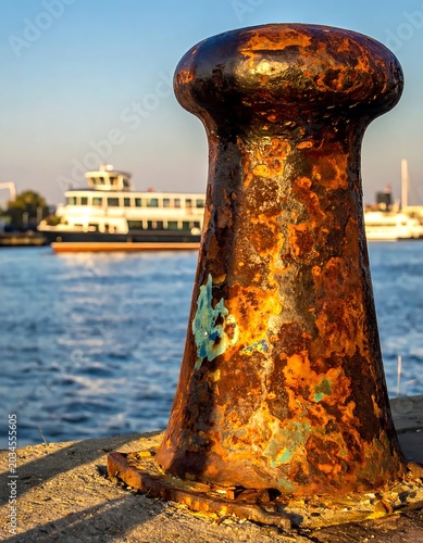 Rusty Metal Bollard Standing on Concrete Pier by Blue Harbor Water