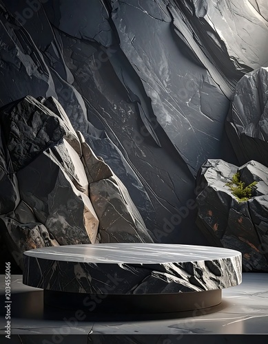 Dark Marble Podium Resting in Dramatic Rocky Interior Setting