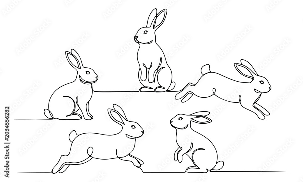 Obraz premium Line art set of 5 rabbits featuring sitting, running and jumping poses for Easter and nature design