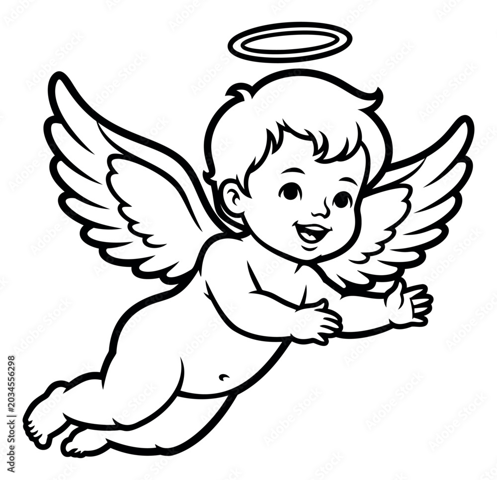 Obraz premium Cartoon illustration of a cute baby cherub depicting a smiling flying angel with halo and wings for religious and holiday design