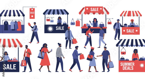 Картината върху платно Shopping market stalls with diverse people buying goods and summer deals adverti