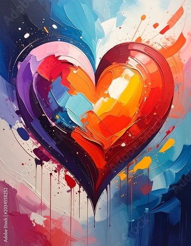 Vibrant Abstract Heart Glowing on Colorful Painted Background