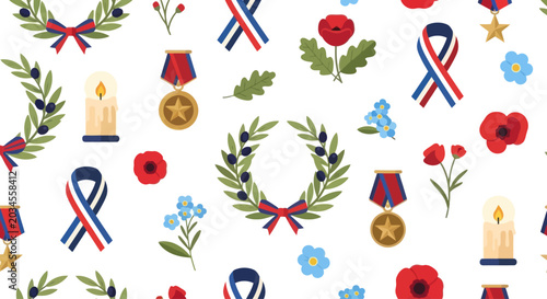 Fotografie Remembrance Day Seamless Pattern: Poppies, Wreaths, Ribbons, Medals, Candles