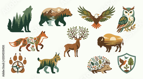 Photography Collection of stylized wild animals integrated with natural landscapes and floral elements, representing nature and wildlife