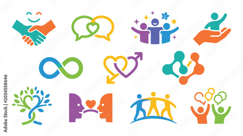 Fototapeta premium Collection of colorful icons representing connection, community, and relationships.