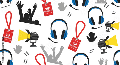 Foto Concert backstage pattern: VIP passes, spotlights, headphones, cheering crowd si