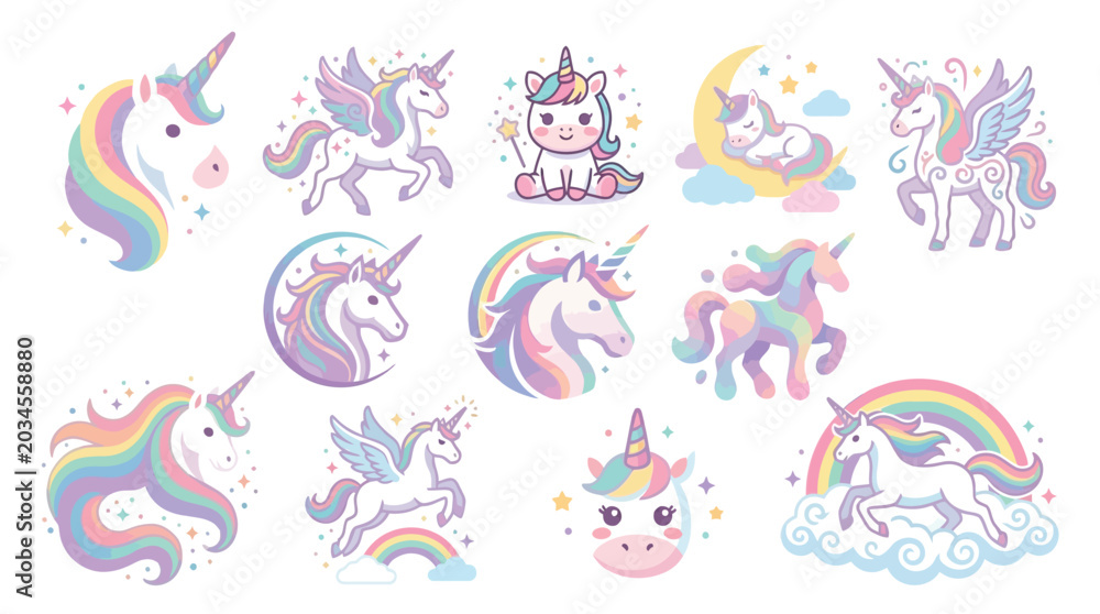 Obraz premium Collection of adorable pastel unicorns with rainbow manes and wings, perfect for fantasy and magical themes.