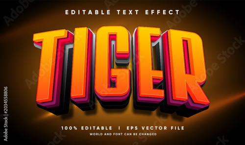 Editable tiger 3d text effect template with bold orange and red gradient mascot letters on dark glowing background