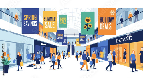 Φωτογραφία Shopping Mall with Seasonal Sales Banners and Shoppers