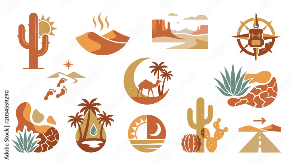 Obraz premium Collection of desert landscape icons and symbols, including cacti, dunes, camels, and compass.