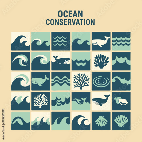 Ocean Conservation Mosaic. Marine Life Icons. Stylized Waves, Whales, Corals, Shells. Environmental Protection Graphics.