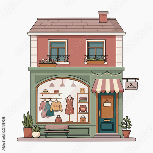 Charming Boutique Storefront with Clothing Display and Outdoor Seating