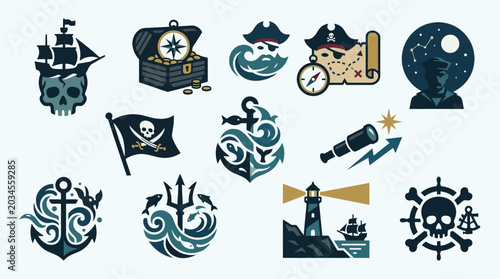 Canvastavla Collection of pirate-themed icons and symbols including ships, treasure chests, skulls, anchors, and maps