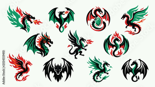 Canvas-taulu Collection of stylized dragon illustrations in various poses and colors, breathing fire and with wings spread
