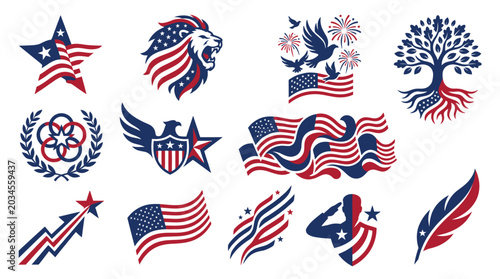 Obraz na płótnie Collection of American patriotic symbols and icons, including flags, stars, eagles, and a lion, all in red, white, and blue