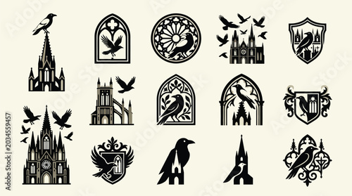 Bild auf Leinwand Collection of Gothic architectural elements and raven motifs, symbolizing mystery and dark aesthetics