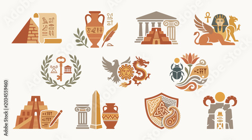 Tableau sur toile Collection of ancient civilization icons and symbols representing history, culture, and mythology